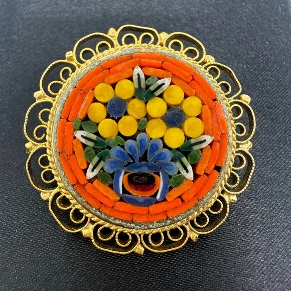 Vintage Italian Micro Mosaic Floral Brooch Scarf Hair Pin - Picture 3 of 9